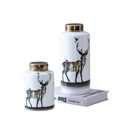 Nordic Style Deer Flower Graffiti Painting Cylinder Ceramic Dried Flower Storage Vases Set For Dining Room