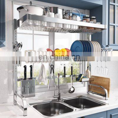 304 Stainless Steel Large Dish Drainer for Kitchen, Height Adjustable Above Sink Shelf, Counter Storage Organizer