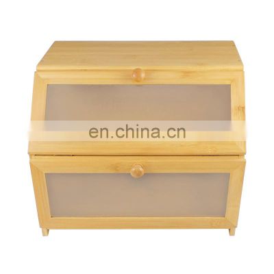 Bamboo Bread Box 2 Adjustable Layer Wooden Bread Bin With Acrylic Glass Window And Storage Drawer For Kitchen Counter