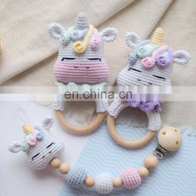 Handmade Crochet Unicorn rattle/teether and pacifier clip Set Baby Gift Doll Kid's Toy Vietnam Supplier Cheap Wholesale