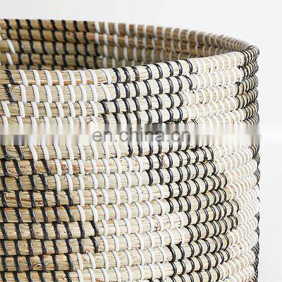 Hot Sale Natural and Black Patterned Basket Multiuse Seagrass Storage Basket Plant Holder Planter Pot Basket With Color String photo-2