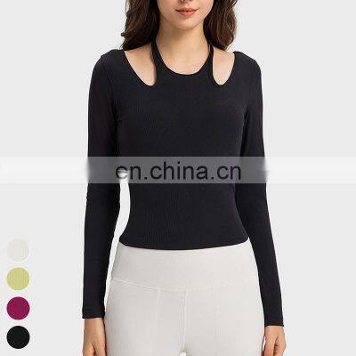 New Ladies T-shirt Running Wear Custom Sports Shirts Gym Fitness Top Women Long Sleeve Ribbed Strappy Halter Yoga T Shirt photo-4
