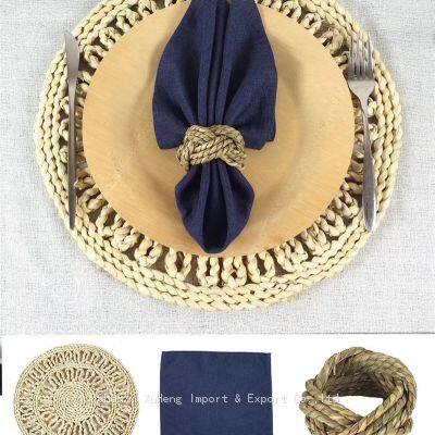 Most Popular Round Shaped Grass Rattan Table Mat Natural Napkin Ring And Blue Colored Table Napkin Cloth Collections For Wedding Table Decoration