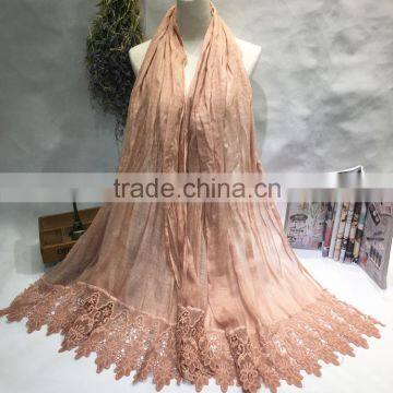 High Grade Newest Embroidery Lace Brim Plain Cotton Linen Muslim Long Scarf photo-2
