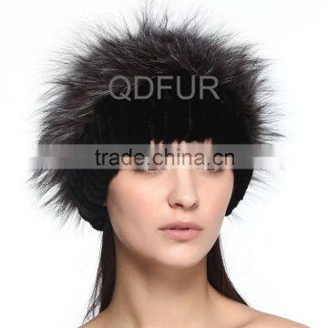 QD70092 Top Fashionable Sexy Girl Rex Rabbit Fur hats with Silver Fox Fur Ball for Ladies