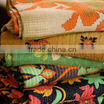 vintage kantha Indian sari throws and blankets -vintage kantha quilt recycled sari blanket.