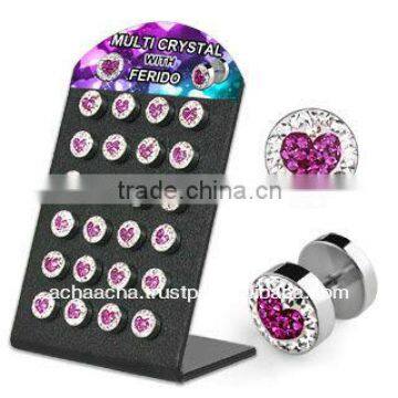 Display with 24 pcs of Surgical steel fake plug with ferido glued multi crystal heart logo