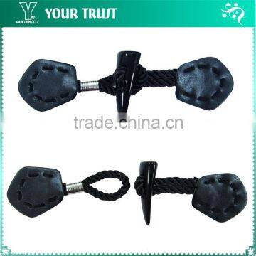 Black Leather Cotton Yarn Twist Cord Rhodium Metal Coat Leather Toggle Buttons