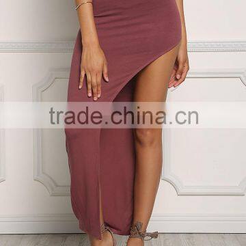 Wine Jersey Knit High Slit Maxi Latest Skirt Design Pictures