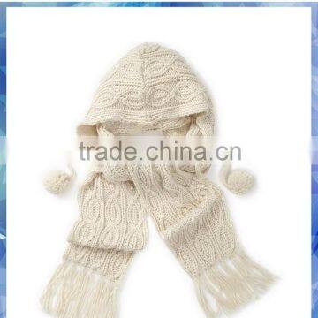 100% acrylic white cable ladies knitted hat scarf attached