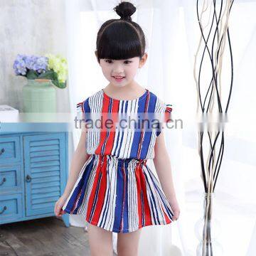 China Factory Korean Girls Lovely Cotton Colorful Stripes Children Dress with Short Sleeves