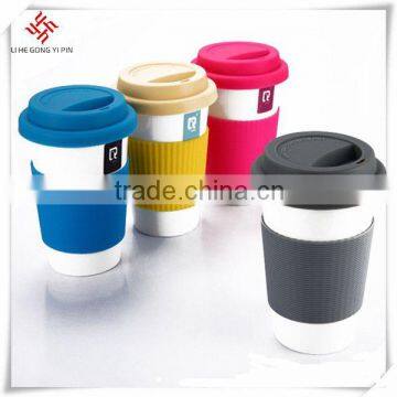 White ceramic mug with silicone lid and sleeve / Ceramic coffee mug