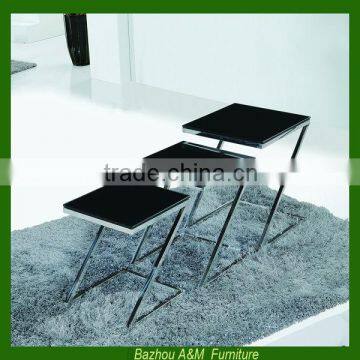 Modern Set of 3 Nesting Tables in Stainless Steel with Glass Top