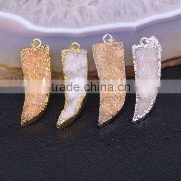 Fashion Horn shape Quartz Stone Druzy Pendant, Silver / Gold Plated White AB Crystal Drusy Quartz Gem stone Pendant