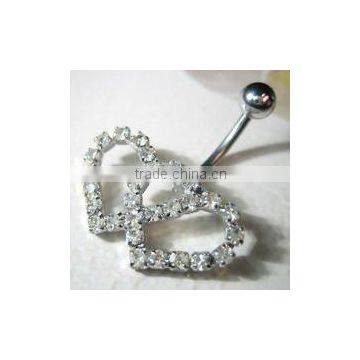 Double crystal heart belly bar body piercing jewelry