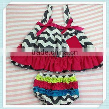 2015 new style summer cotton top girls ruffly wholesale swing top sets kids party tank top and ruffle bloomer sets chevron set