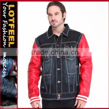 Man vintage stone wash denim jacket coat jersey sleeve denim jacket (LOTJ314)