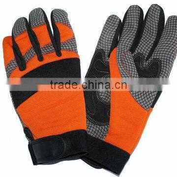 Orange spandex back Synthetic Leather palm Anti-vibration Mechanic Gloves