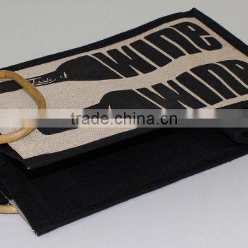 Four Bottle Juco Wine Bag With Wooden Cane Handle photo-2