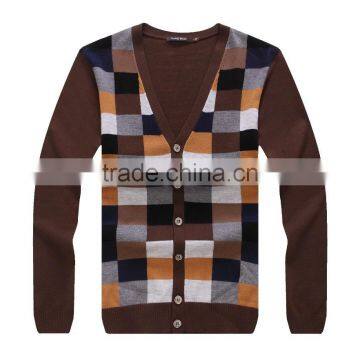 100% fine wool men's brown pattern knitwear cardigan