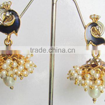 Peacock Pearl Gold Plated Dangler Jhumka EARRINGS photo-2