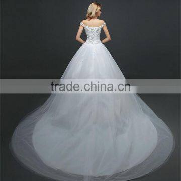 MGOO Stock Off Shoulder Flower Emboridery Beaded Back Straps Crossover Wedding Dress Bride Princess Dress photo-2