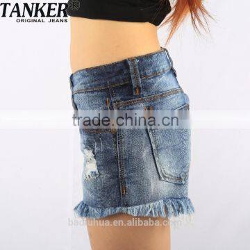 S1568 Sexy Hot Girls Dark Wash Flared Ripped Denim Mini Shorts With Bottom Hem Fringes Pants photo-5