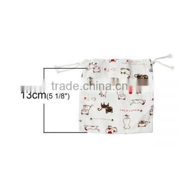 Cotton & Linen Cloth Jewelry Bags Drawstring Off-white Cat Pattern 16cm x 14cm photo-2