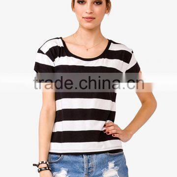 2014 fashion short sleeve wholesale t shirt design black and white stripe t shirt women