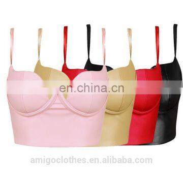 Amigo 2017 new design Black strap sexy leather crop top for big boobs women