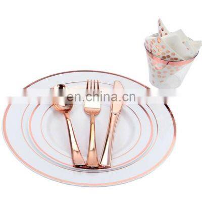 175 Pieces Set Premium Party Rose Gold Rim Plastic Cup With Plate, Spoon, Knife And Forks Disposable Dinnerware Set