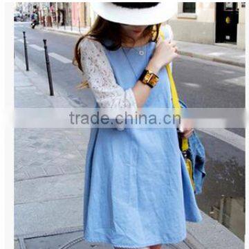 C63279A 2015 autumn design Maternity cotton dress denim lace dress for ladies