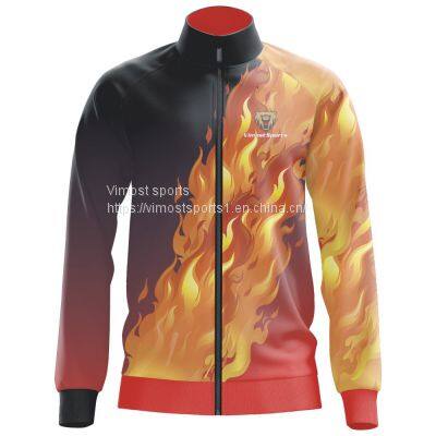 Custom Sublimation Jacket of Fire Pattern with Black Zipper