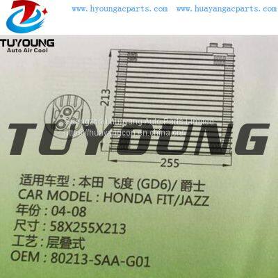 TUYOUNG HY-ET361N LHD Auto AC Evaporator Core for HONDA FIT /JAZZ 2004-2008 Size 58*255*213 mm 80213SAAG01 80213-SAA-G01