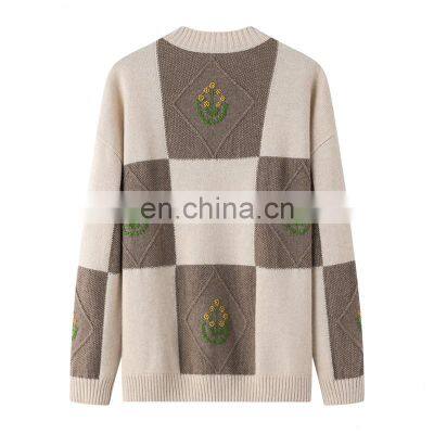 Winter Casual Crew Neck Pullover 100% Cashmere Sweater With Plaid Pattern and Floral Embroidery
