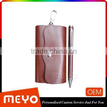 Brown leather key bag holder and metal ballpoint pen gift set