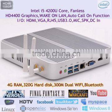 Fanless Micro Computer with Onboard Intel Core i5 4200U 1.6GHz Turbo boost Dual Core 4 thread 4GB DDR3 320G Harddisk Bluetooth