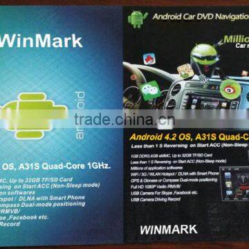Unique and patent in dash 7'' car dvd with Android 4.2 OS, A31s quad-core processor, 3G,WIFI,etc.features for universal cars.
