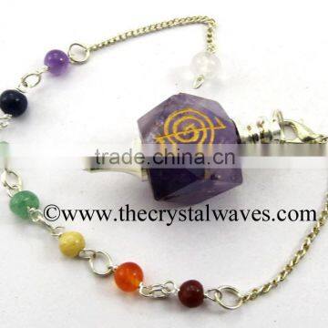 Amethyst Cho Ku Rei Engraved Hexagonal Pendulum With Chakra Chain