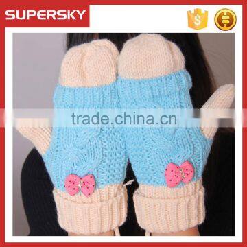 V-395 cable pattern fashion handmade winter mittens gloves with bow winter hand warmer mitten gloves knit arm warmer