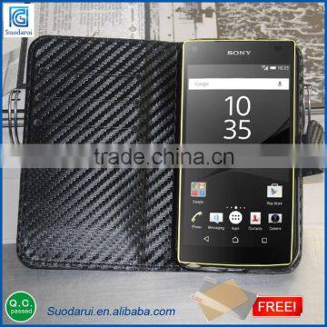 With free screen protector For Sony Xperia z5 compact carbon/litchi/plain pattern design leather case