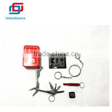 outdoor survival kit Multifunction Tool Knife Compass Emergency Whistle Multifunction Tool Card Wire Saw SOS Iron Tin