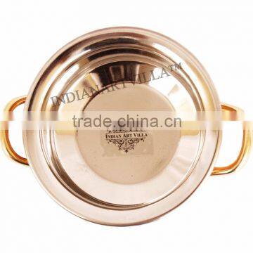 IndianArtVilla Royal Handmade Steel Copper Handi With Handle 350 ML - Serving Daal Curry Home Hotel Restaurant Tableware