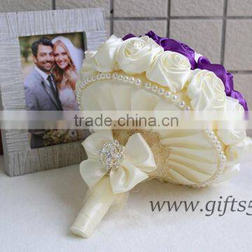 Elegant Purple Satin Ribbon Pearls Bridal Bouquet Bridesmaids Bouquet Wedding Flowers photo-3