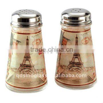 SINOGLASS 2 pcs with BOUTIQUE decal Cone shape clear glass salt & pepper shaker jar set