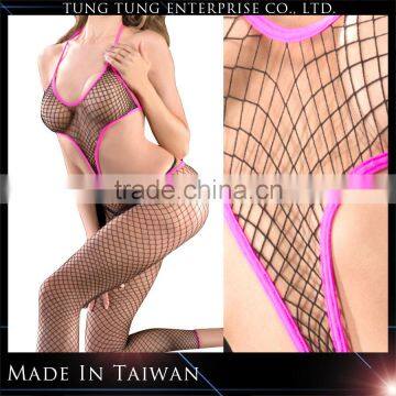 Pink Trim Net Crotchless Shiny Plus Size Bodystocking