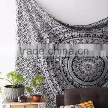 Rajasthan Black & White Elephant Mandala Tapestry Wall Hanging Hippie Indian Tapestry