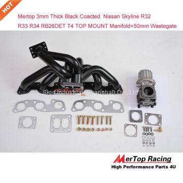 Mertop 3mm Thick Black Coated Niss** Skyline GTR R32 R33 R34 RB26DETT RB26 T4 TOP MOUNT Turbo Exhaust Manifold+50mm Wast photo-3