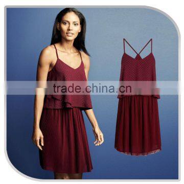 Burgundy Strap Ruffle Pleated Chiffon Dress Girls One Piece Dress