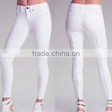 fashion hot sell sexy white corset-waisted skinny jeans feature back thigh-to-ankle lacing